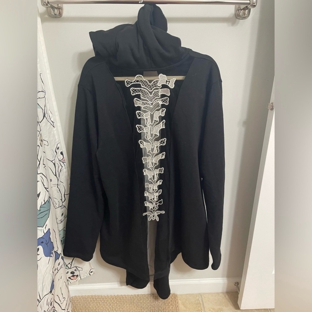 🔮🌙🖤 Midnight Hour Skeleton Spine Lace Hooded Goth Cardigan XL Oversized 🖤🌙🔮 - Picture 5 of 6
